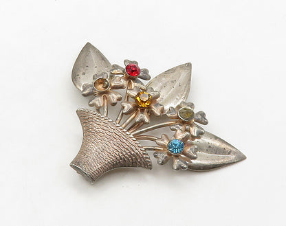 925 Sterling Silver  Vintage Topaz & Citrine Flower Basket Brooch Pin  BP6347