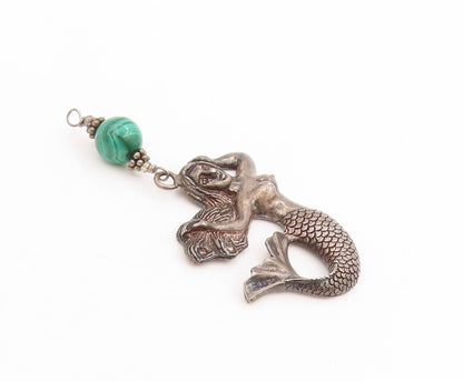 925 Sterling Silver Vintage Pendant Malachite Beaded Mermaid Locket  PT25371