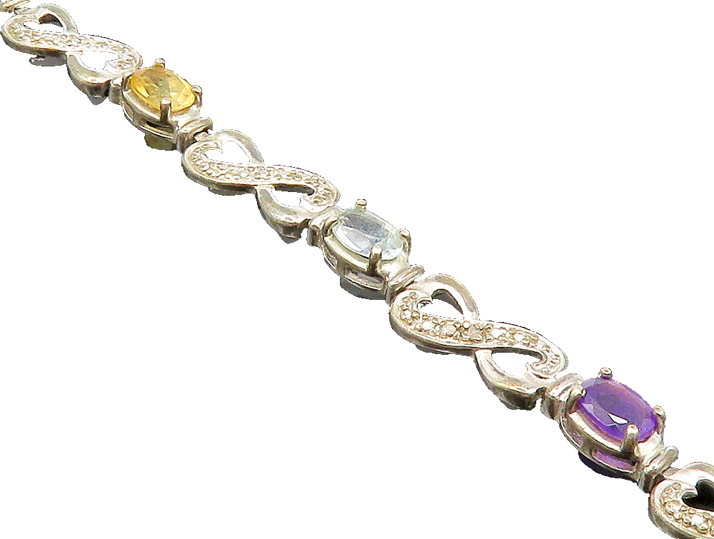 925 Silver  Vintage Citrine Peridot Amethyst & Topaz Infinity Bracelet  BT9440