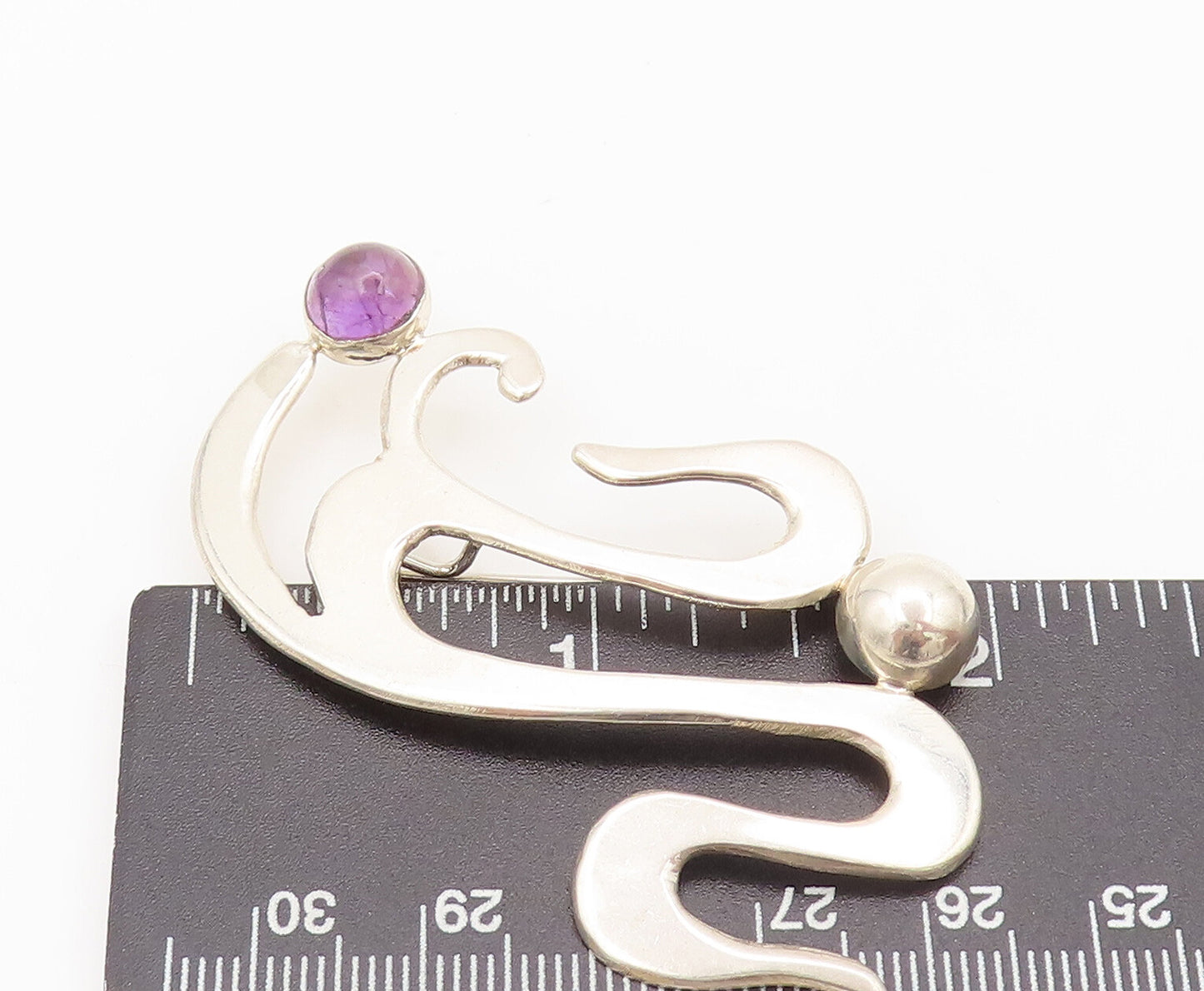MEXICO 925 Silver  Vintage Swirly Cutout Beaded Amethyst Brooch Pin  BP10396