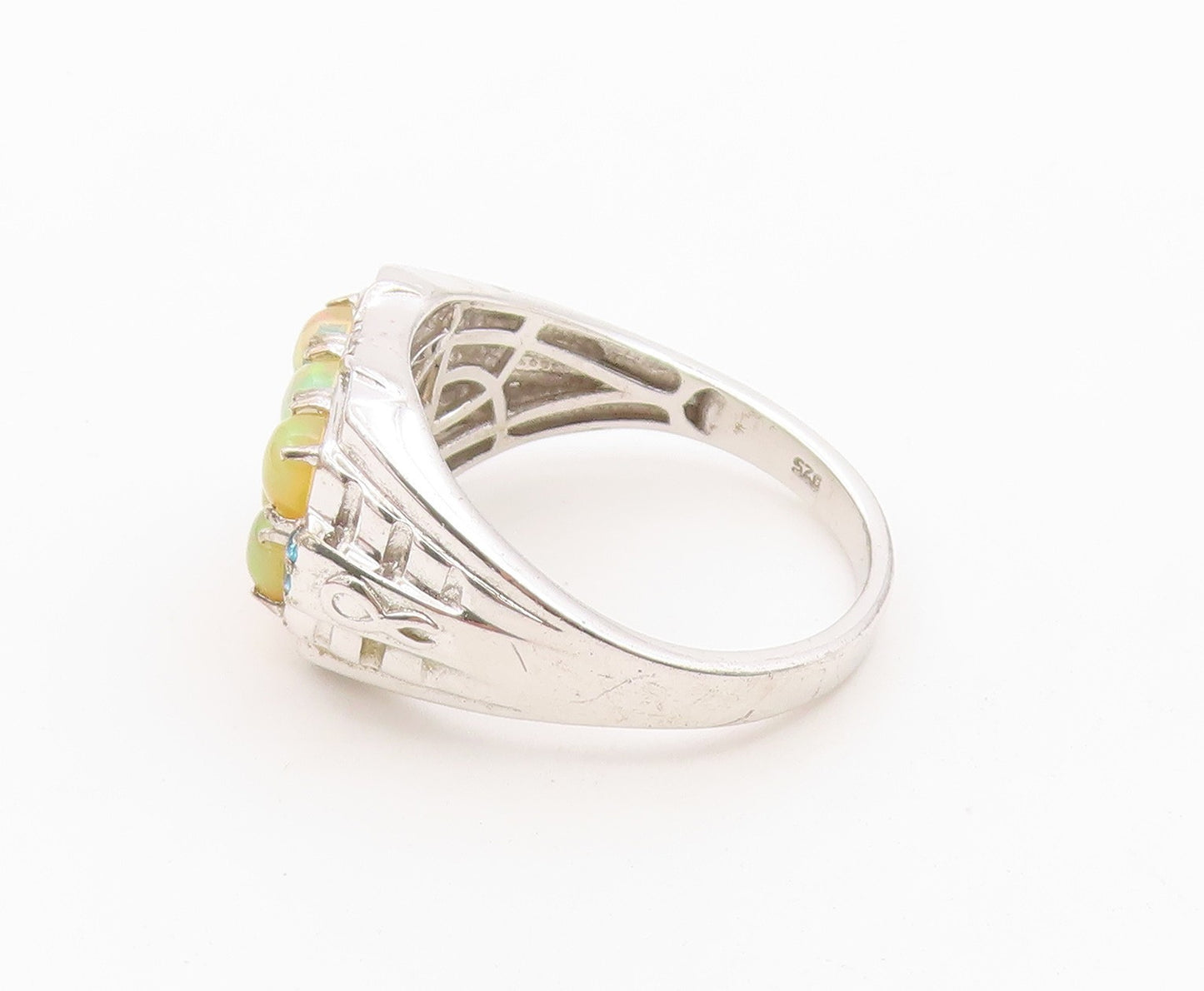925 Sterling Silver Vintage Ring Fire Opal & Topaz Geometric Band Sz 12 RG36642