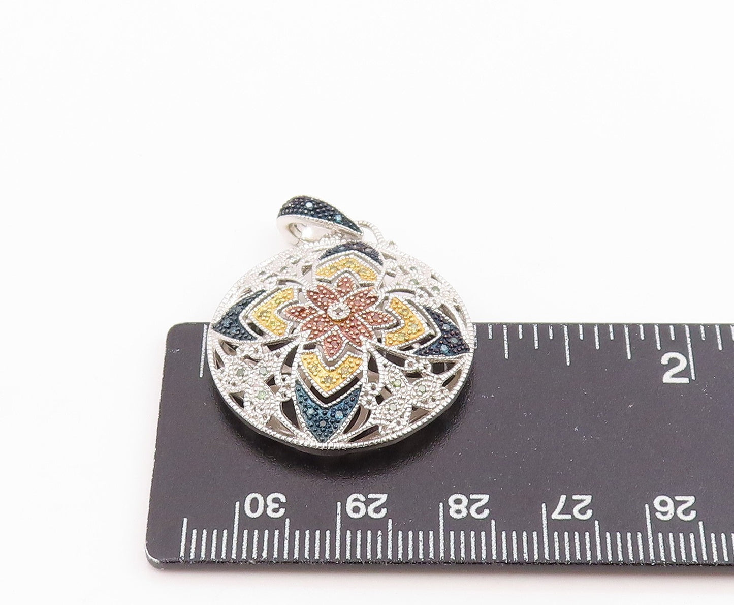 925 Sterling Silver Vintage Pendant Real Diamonds Floral Mandala  PT26241