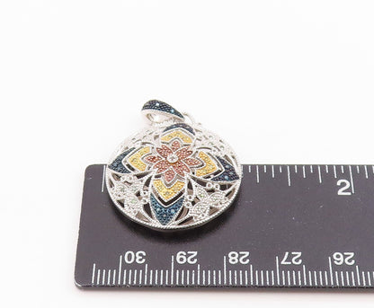 925 Sterling Silver Vintage Pendant Real Diamonds Floral Mandala  PT26241