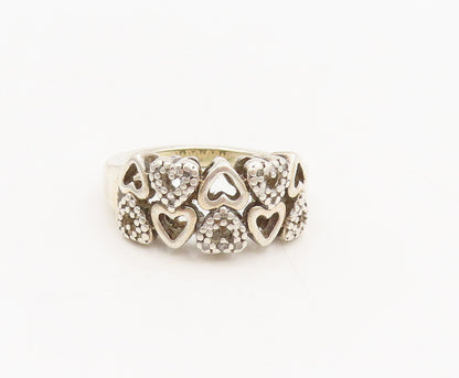 925 Silver Vintage Mini Hearts Cutout Double Diamond Band Ring Sz 6.75 RG26810