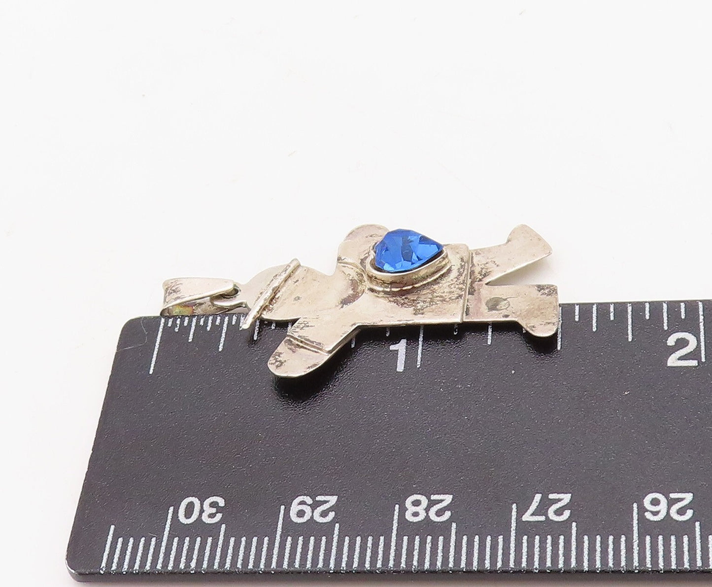 925 Sterling Silver Vintage Pendant Solid Carved Boy With Blue CZ Heart  PT23652