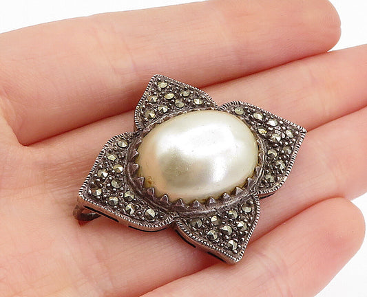 925 Sterling Silver Vintage Pearl Dome & Marcasite Floral Brooch Pin BP1546
