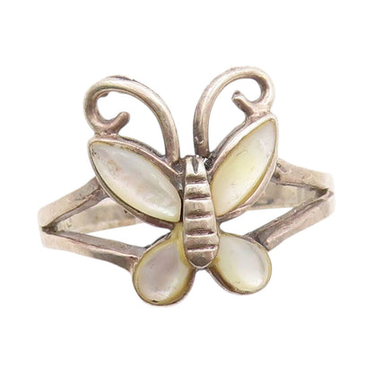 925 Sterling Silver Vintage Ring Mother Of Pearls Inlay Butterfly  SZ 8  RG32278