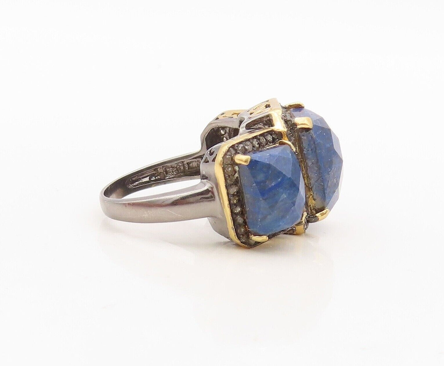 925 Sterling Silver Vintage Ring Diamonds & Rectangle Blue Gemstone Sz 8 RG30323