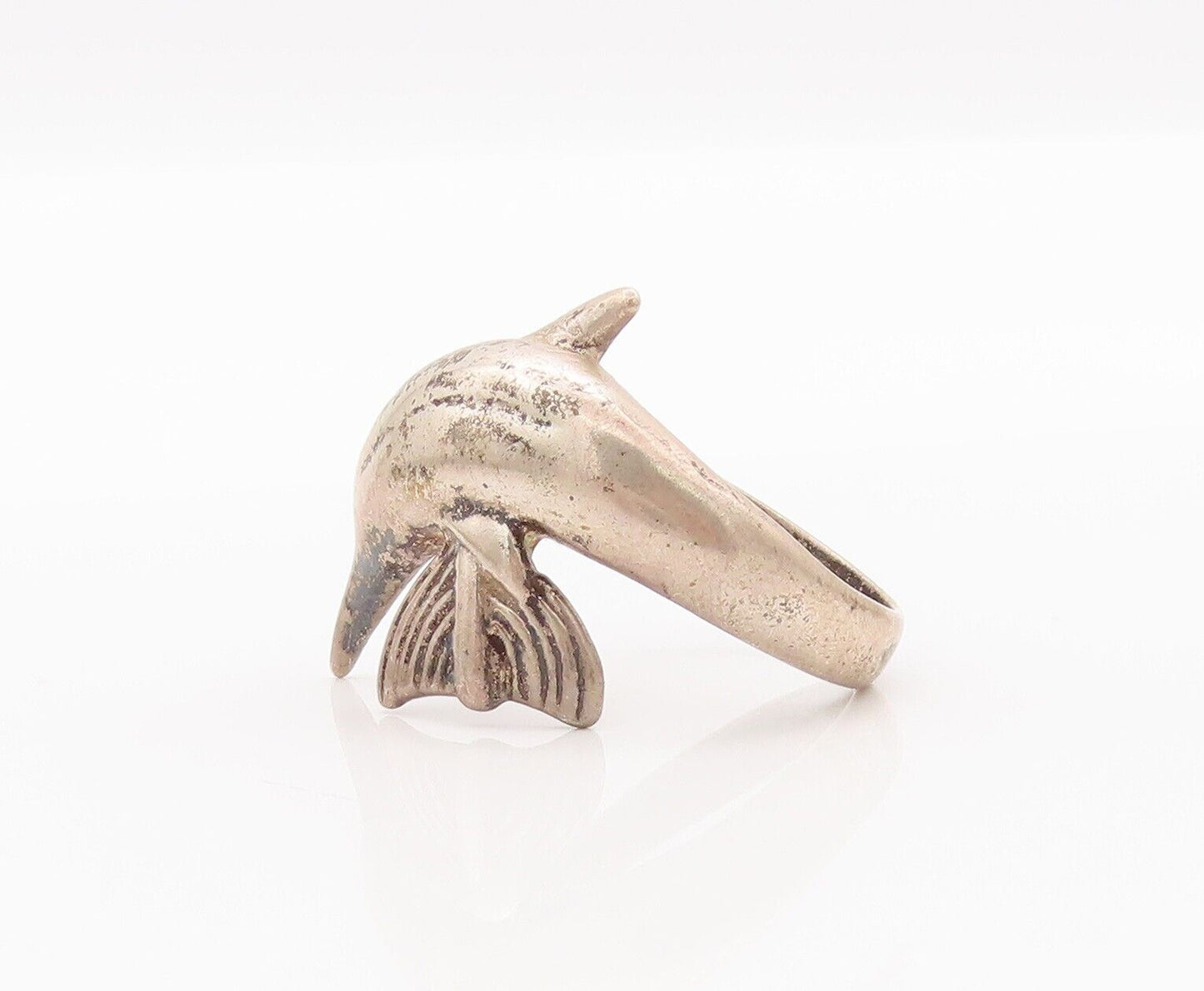 925 Sterling Silver Vintage Ring Solid Carved Diving Delphine  Sz 8  RG28212