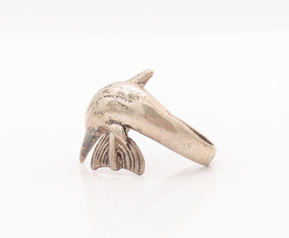 925 Sterling Silver Vintage Ring Solid Carved Diving Delphine  Sz 8  RG28212