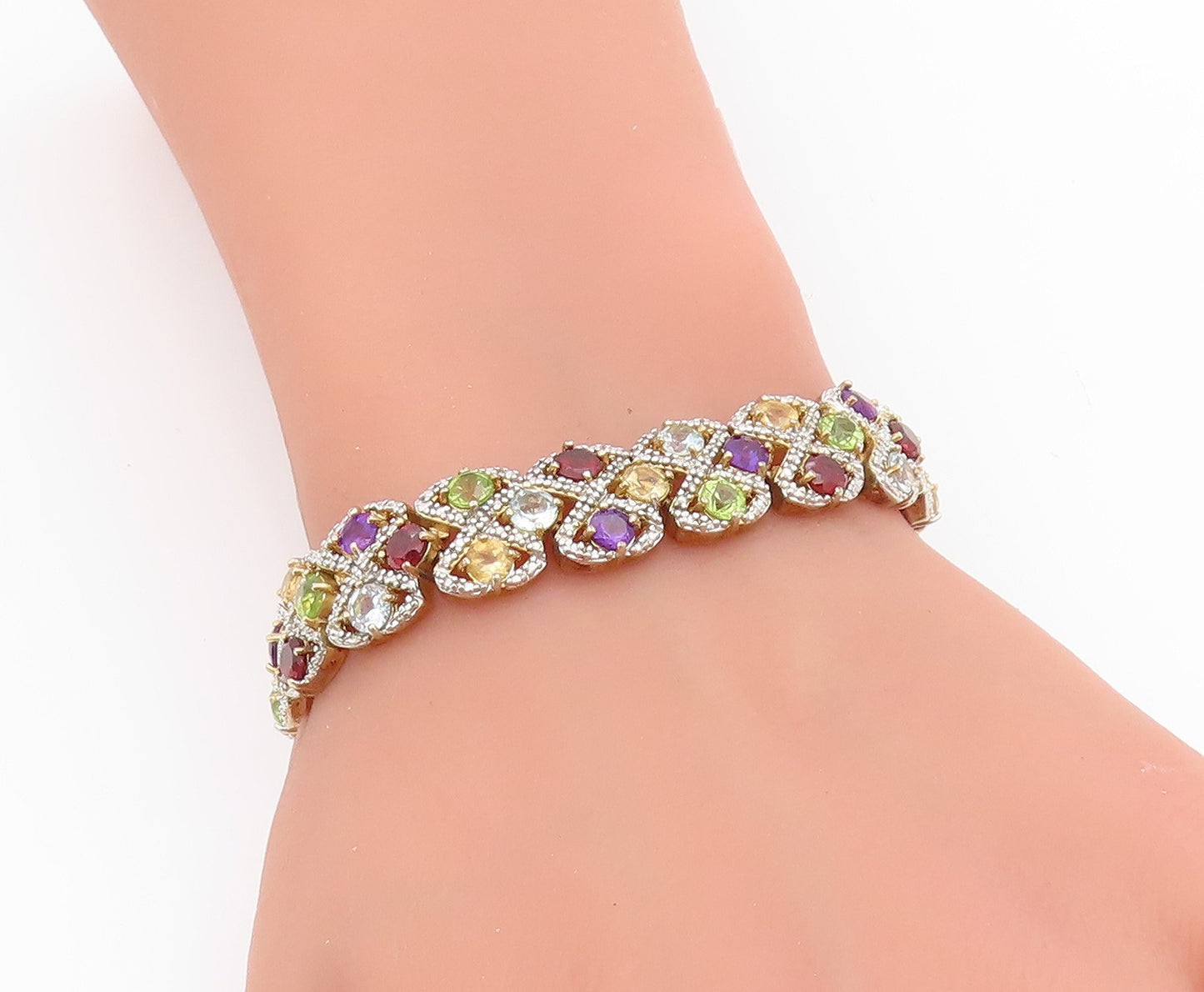925 Sterling Silver Vintage Bracelet Gold Plated Multi Gemstone Chain  BT11452