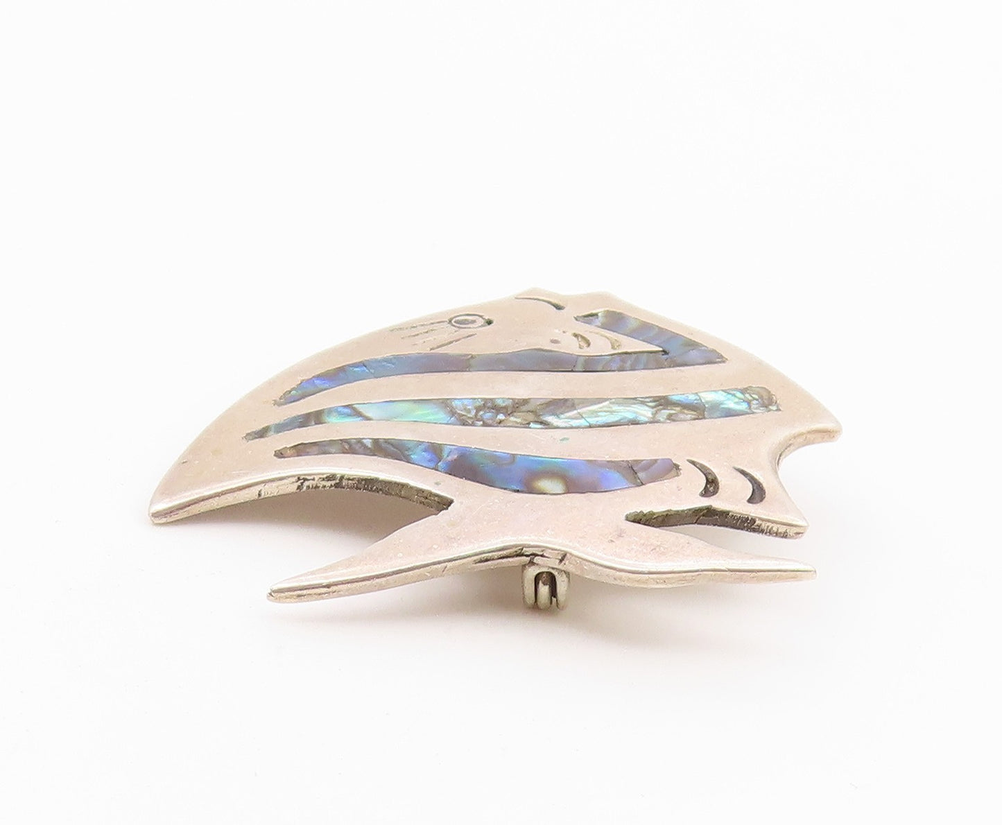MEXICO 925 Silver  Vintage Abalone Shell Striped Fish Brooch Pin  BP7791