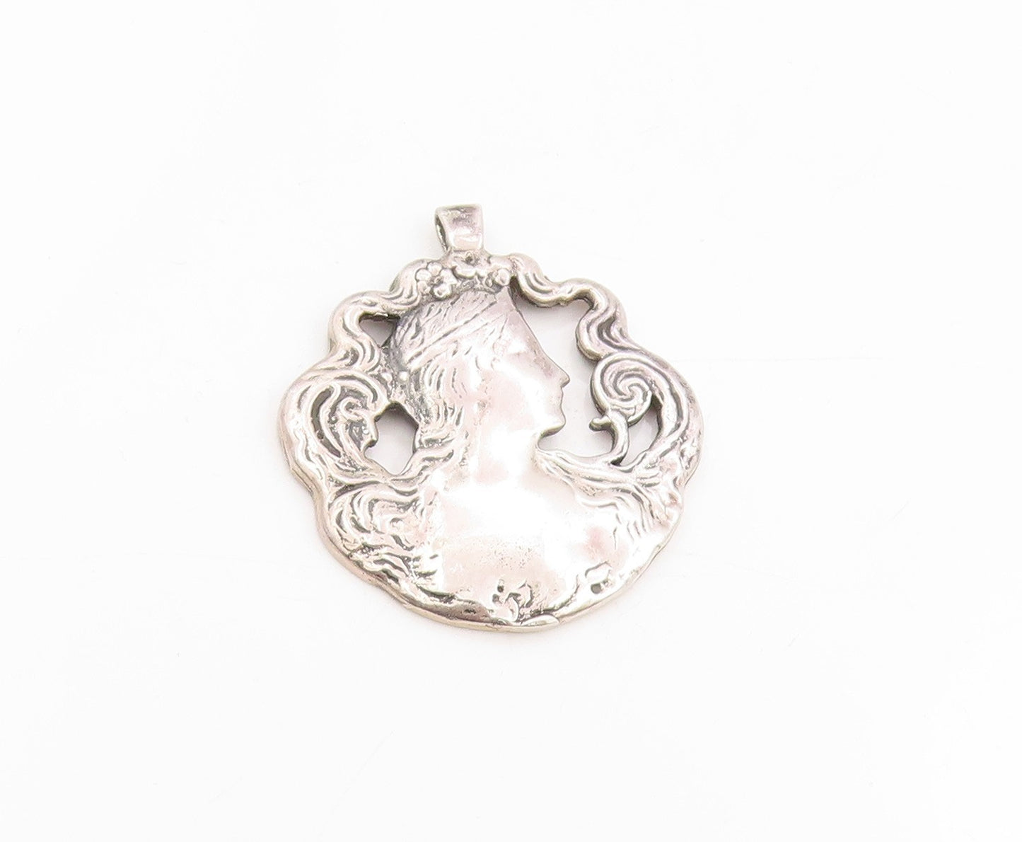 925 Sterling Silver Vintage Pendant Art Nouveau Woman With Flowing Hair  PT25423
