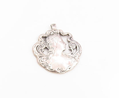 925 Sterling Silver Vintage Pendant Art Nouveau Woman With Flowing Hair  PT25423