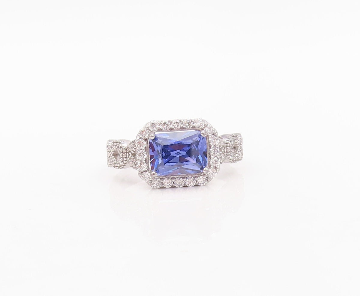 925 Sterling Silver Vintage Ring Rectangle Cut Sapphire Halo CZ  Sz 7  RG30138