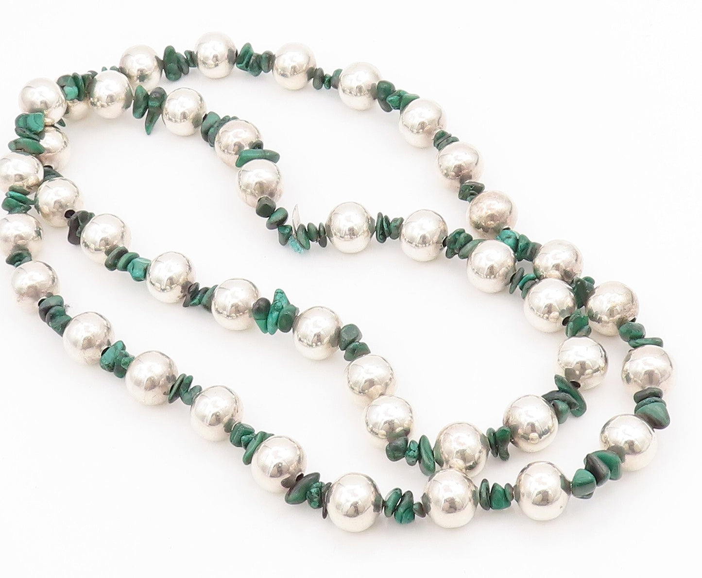 925 Sterling Silver Vintage Necklace MEXICO Beads & Malachite  NE4475