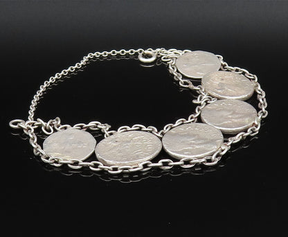 925 Sterling Silver  Vintage Double Chain Carved Coin Motif Bracelet  BT9547