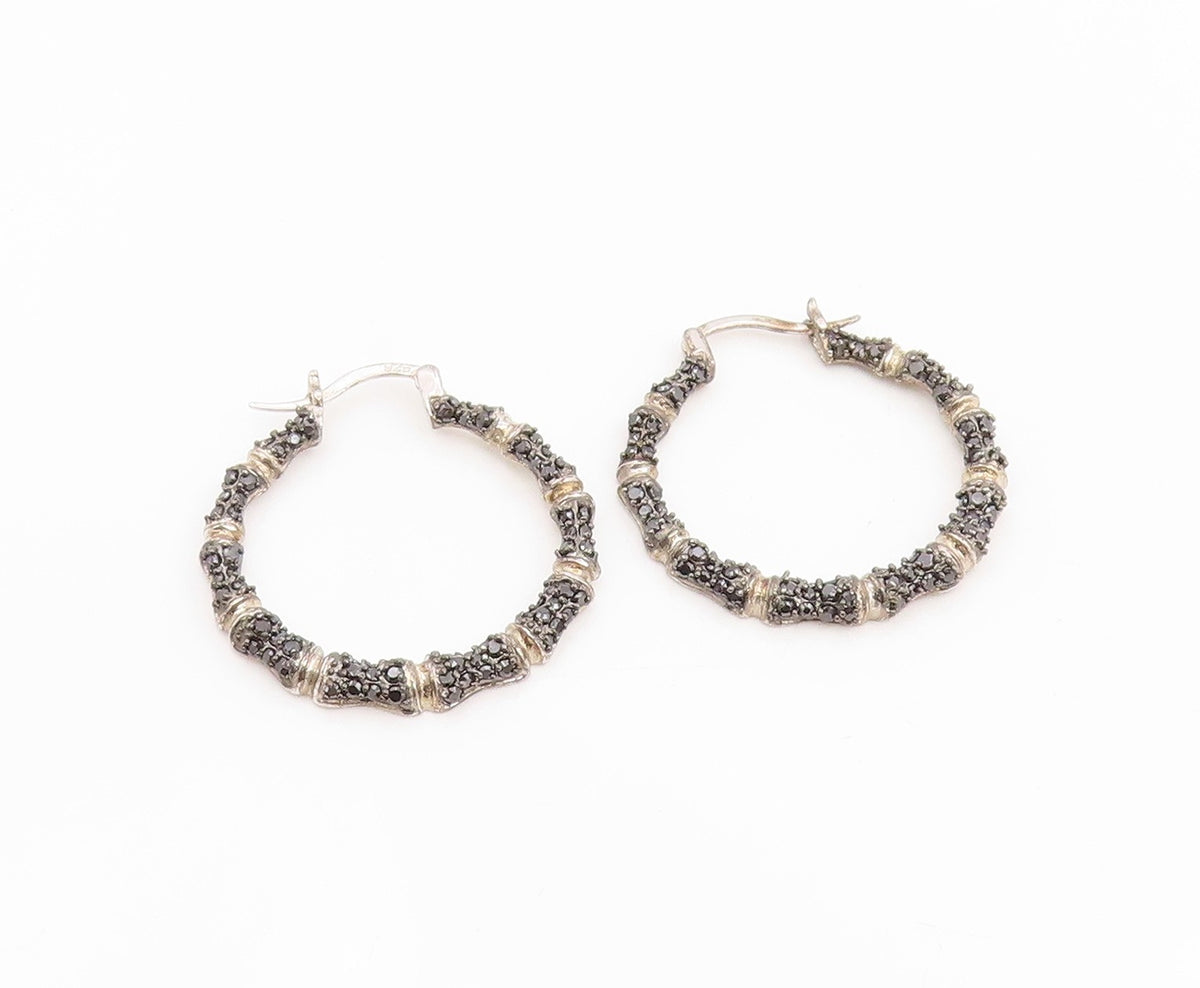 925 Sterling Silver Vintage Earrings Black Spinel Bamboo Style Hoops  EG14351