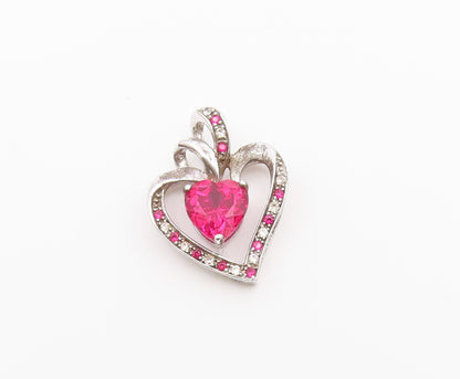 925 Sterling Silver  Vintage Pink & White Topaz Love Heart Pendant  PT16545