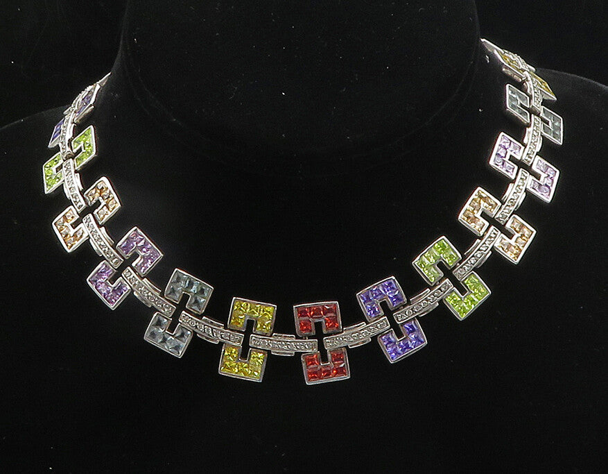 925 Silver  Topaz Garnet Peridot & Amethyst Shiny Chain Necklace  NE3173