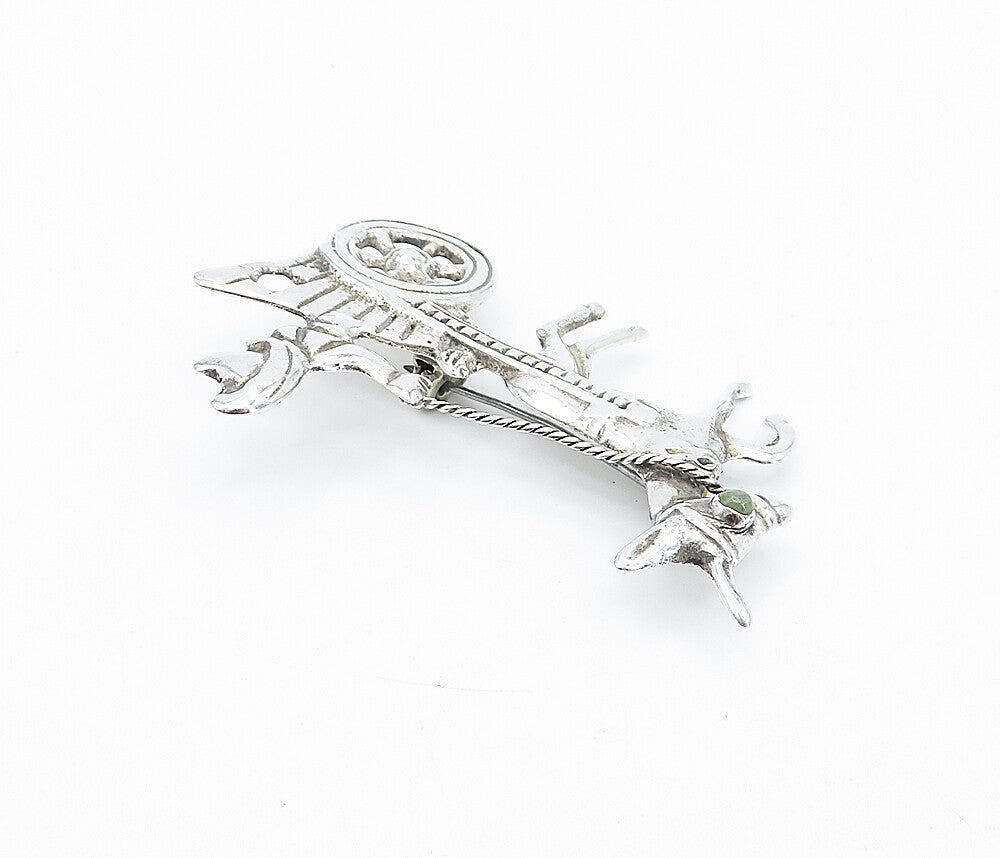 MEXICO 925 Sterling Silver Vintage Jasper Donkey Carriage Brooch Pin BP1322