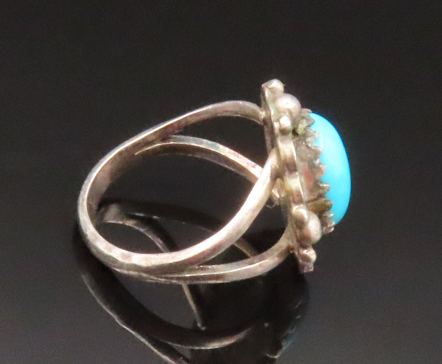 RS NAVAJO 925 Silver  Vintage Beaded Spiral Frame Turquoise Ring Sz 3  RG25258