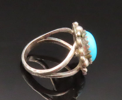 RS NAVAJO 925 Silver  Vintage Beaded Spiral Frame Turquoise Ring Sz 3  RG25258