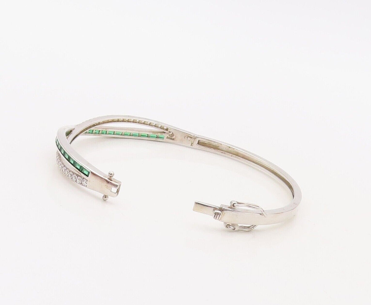925 Sterling Silver Vintage Bracelet X Cutout Green & White Topaz Bands  BT10717