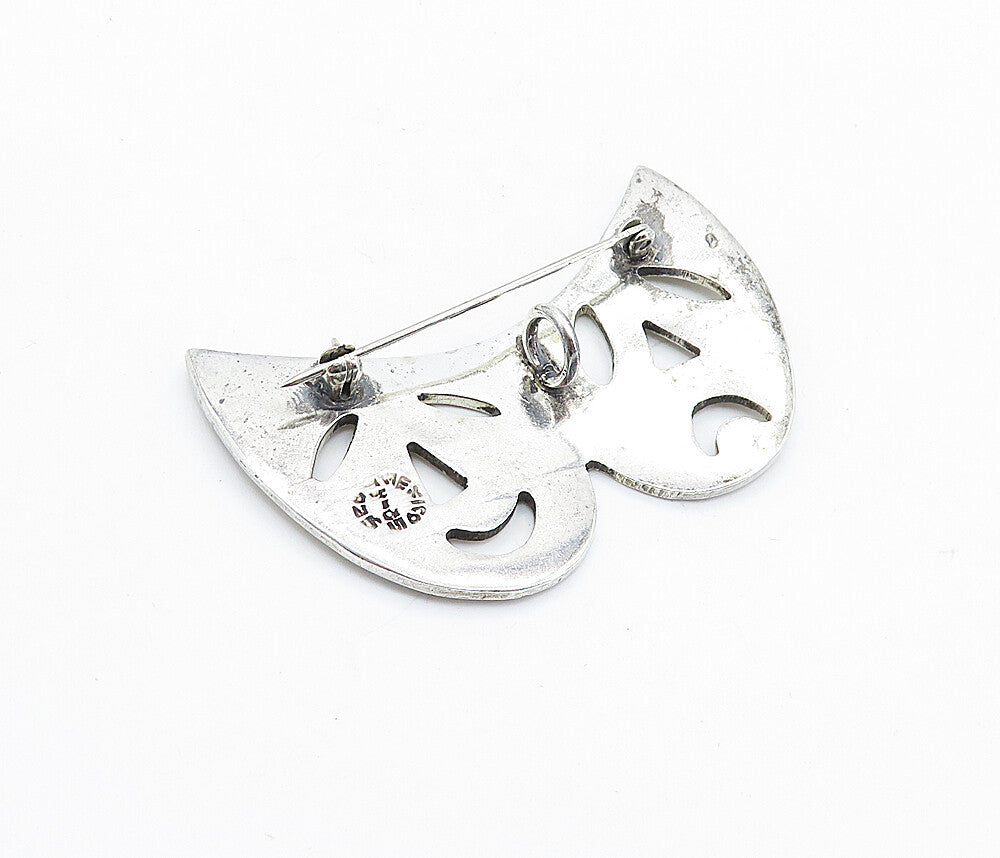 MEXICO 925 Sterling Silver  Vintage Happy Sad Theater Masks Brooch Pin  BP2626
