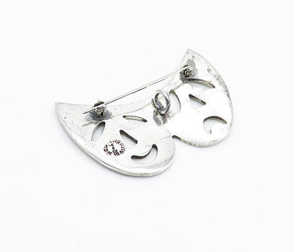 MEXICO 925 Sterling Silver  Vintage Happy Sad Theater Masks Brooch Pin  BP2626