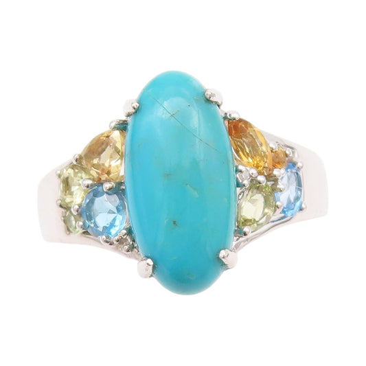 925 Sterling Silver Vintage Ring Cabochon Larimar Multi Color CZ  Sz 10  RG33106