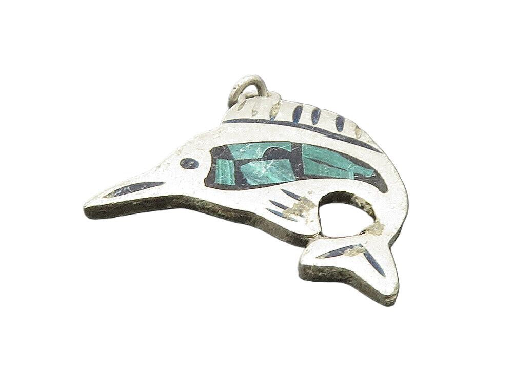 925 Sterling Silver  Vintage Malachite Mosaic Fish Motif Drop Pendant  PT7832
