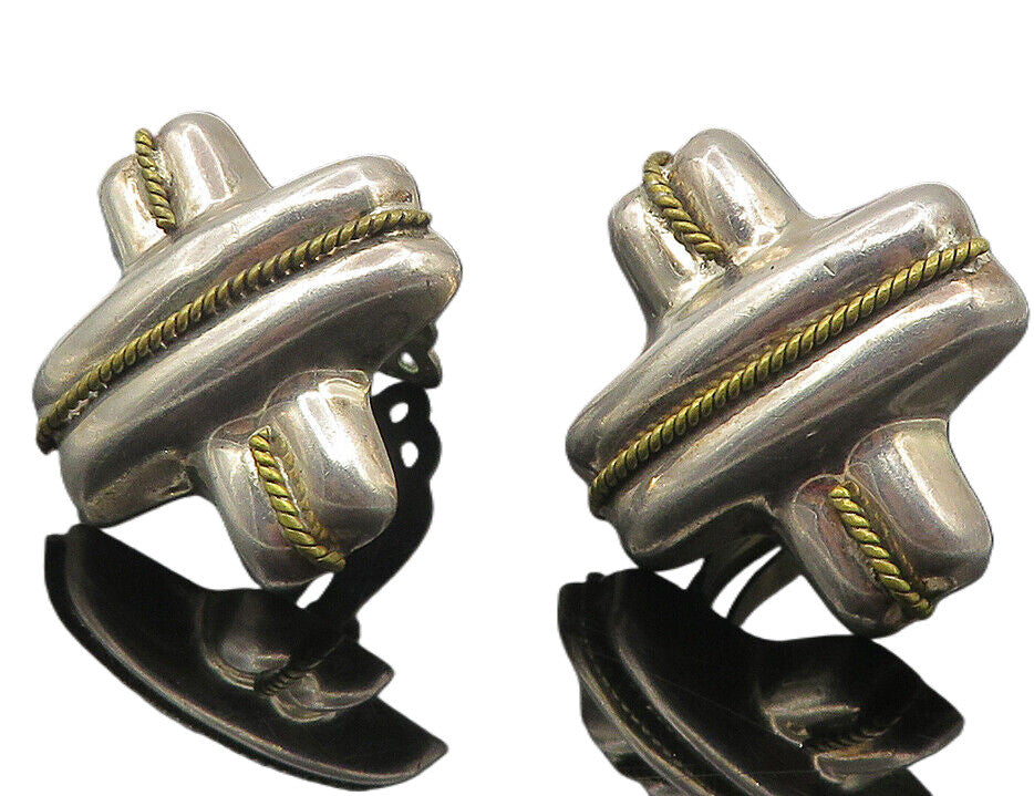 MEXICO 925 Silver  Vintage Two Tone Rope Twist Non Pierce Earrings  EG6030