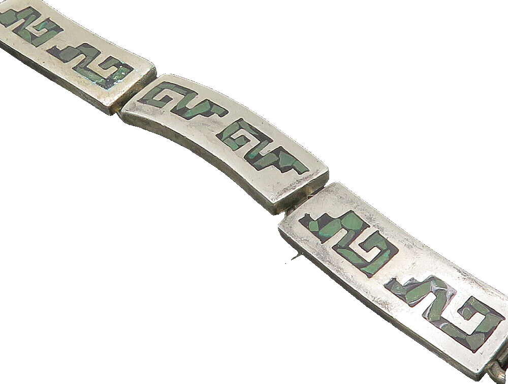 MEXICO 925 Sterling Silver  Vintage Jasper Mosaic Bar Chain Bracelet  BT1377