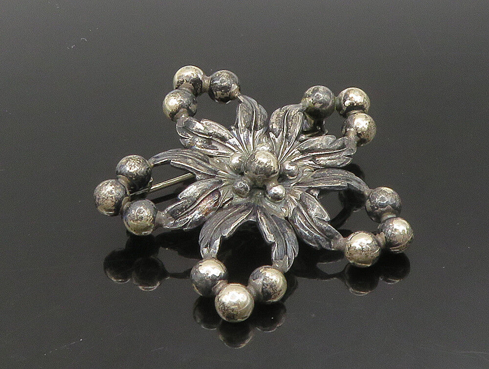 NE FROM DENMARK 925 Silver  Vintage Open Floral Leaves Bead Brooch Pin  BP9444
