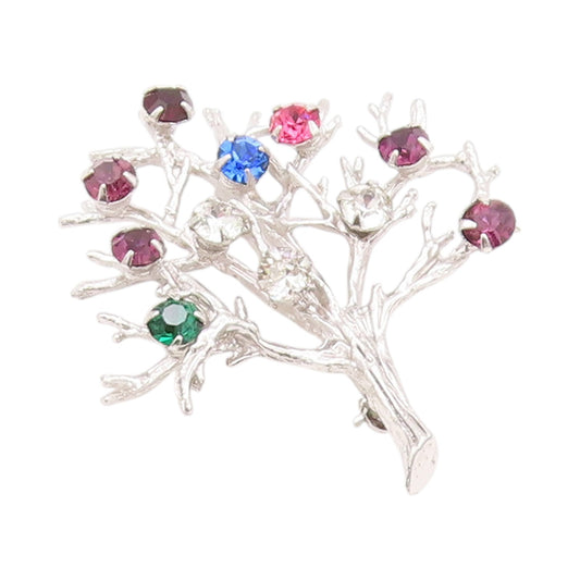 925 Sterling Silver Vintage Brooch Multi Color CZ Brutalist Cutout Tree  BP11580