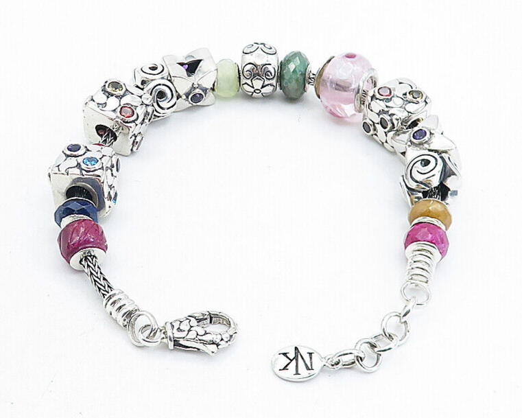 925 Sterling Silver & 18K GOLD Multi Gemstone Beaded Chain Bracelet BT3016