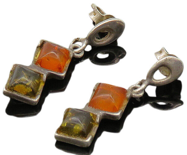 925 Sterling Silver  Vintage Cabochon Amber 2 Stone Dangle Earrings  EG10330