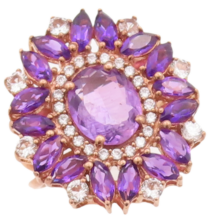 925 Sterling Silver Vintage Ring Rose Gold Plated Amethyst Flower Sz 7 RG29880