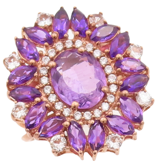925 Sterling Silver Vintage Ring Rose Gold Plated Amethyst Flower Sz 7 RG29880