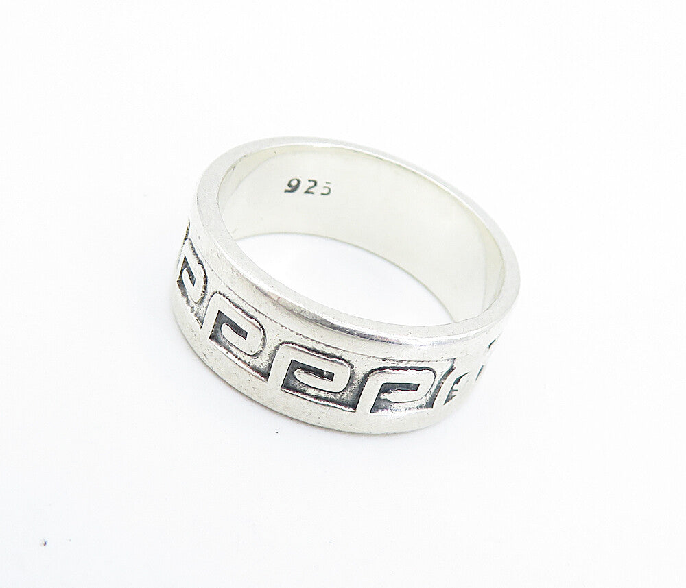 MEXICO 925 Silver  Vintage Shiny Greek Key Pattern Band Ring Sz 7  RG6787