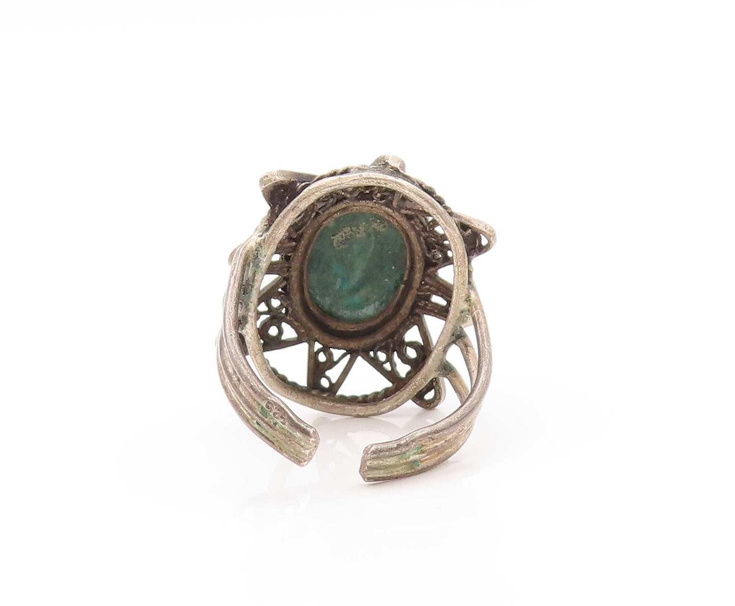 925 Sterling Silver Vintage Ring Dark Tone Gemstone Sun Cutout  SZ 8  RG32181
