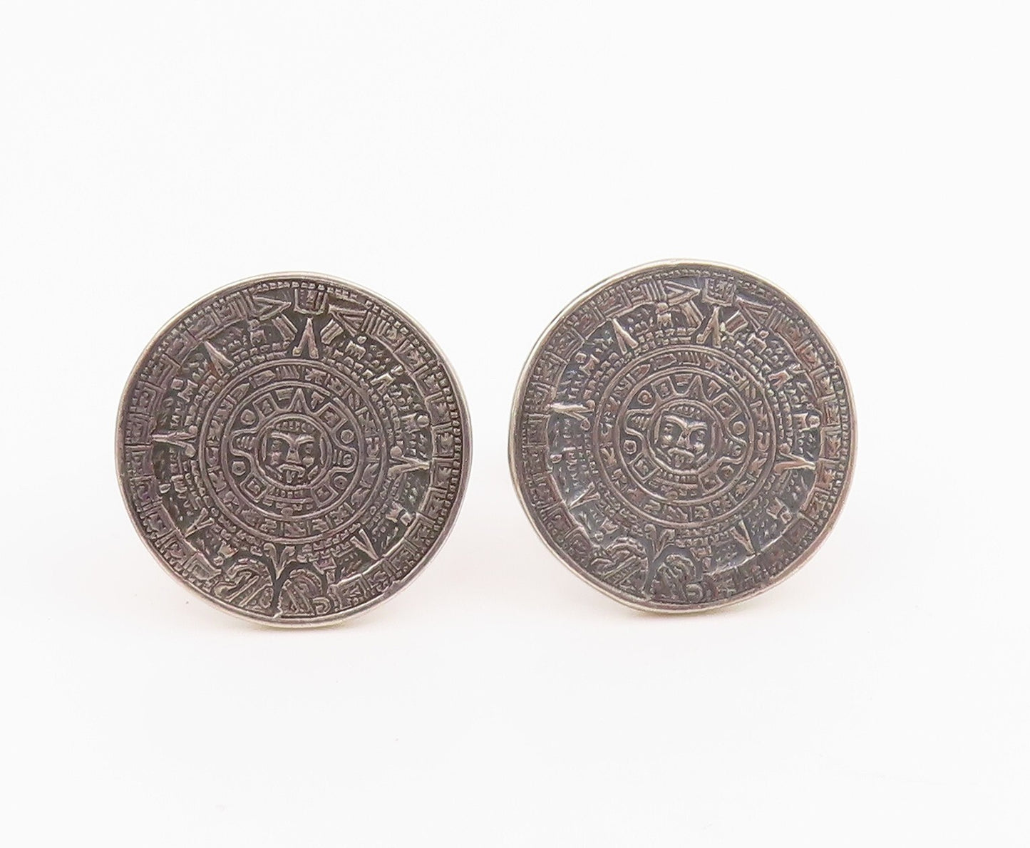 925 Sterling Silver Vintage Cuff Links Antique Dark Tone Aztec Sun Carved TR3885