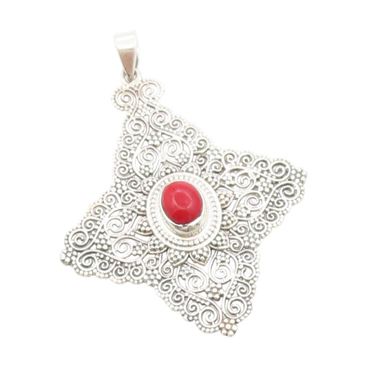 925 Sterling Silver Vintage Pendant Cabochon Red Coral Intricate Charm  PT25839