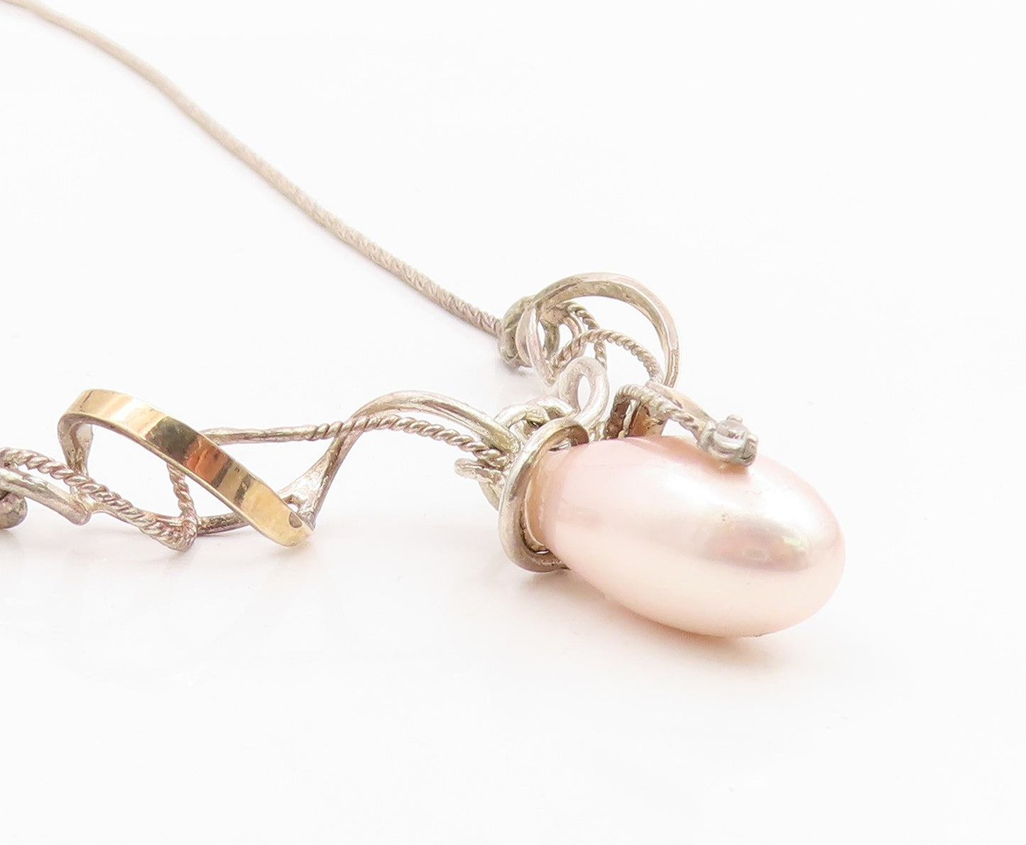 14k Gold & 925 Sterling Silver Vintage Necklace Elegant Pearl & CZ Drop  NE4861