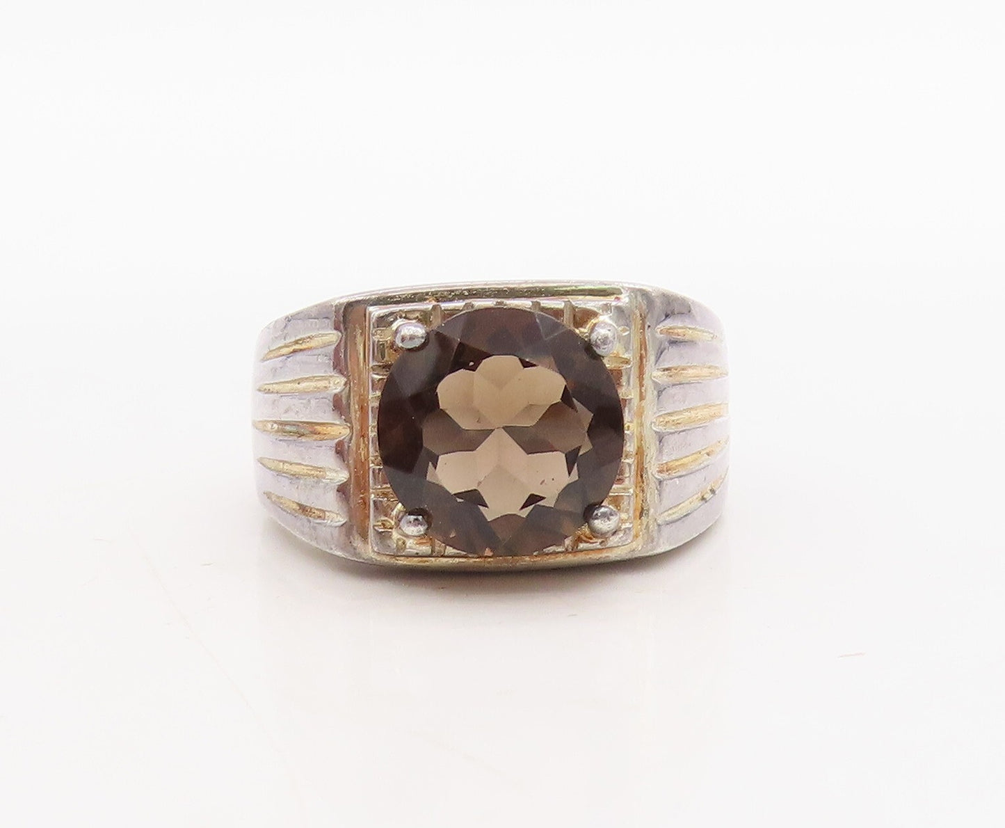 925 Sterling Silver Vintage Ring Grooved Lines Round Smoky Quartz Sz 8.5 RG31673
