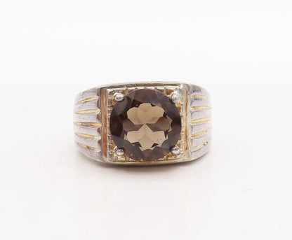 925 Sterling Silver Vintage Ring Grooved Lines Round Smoky Quartz Sz 8.5 RG31673