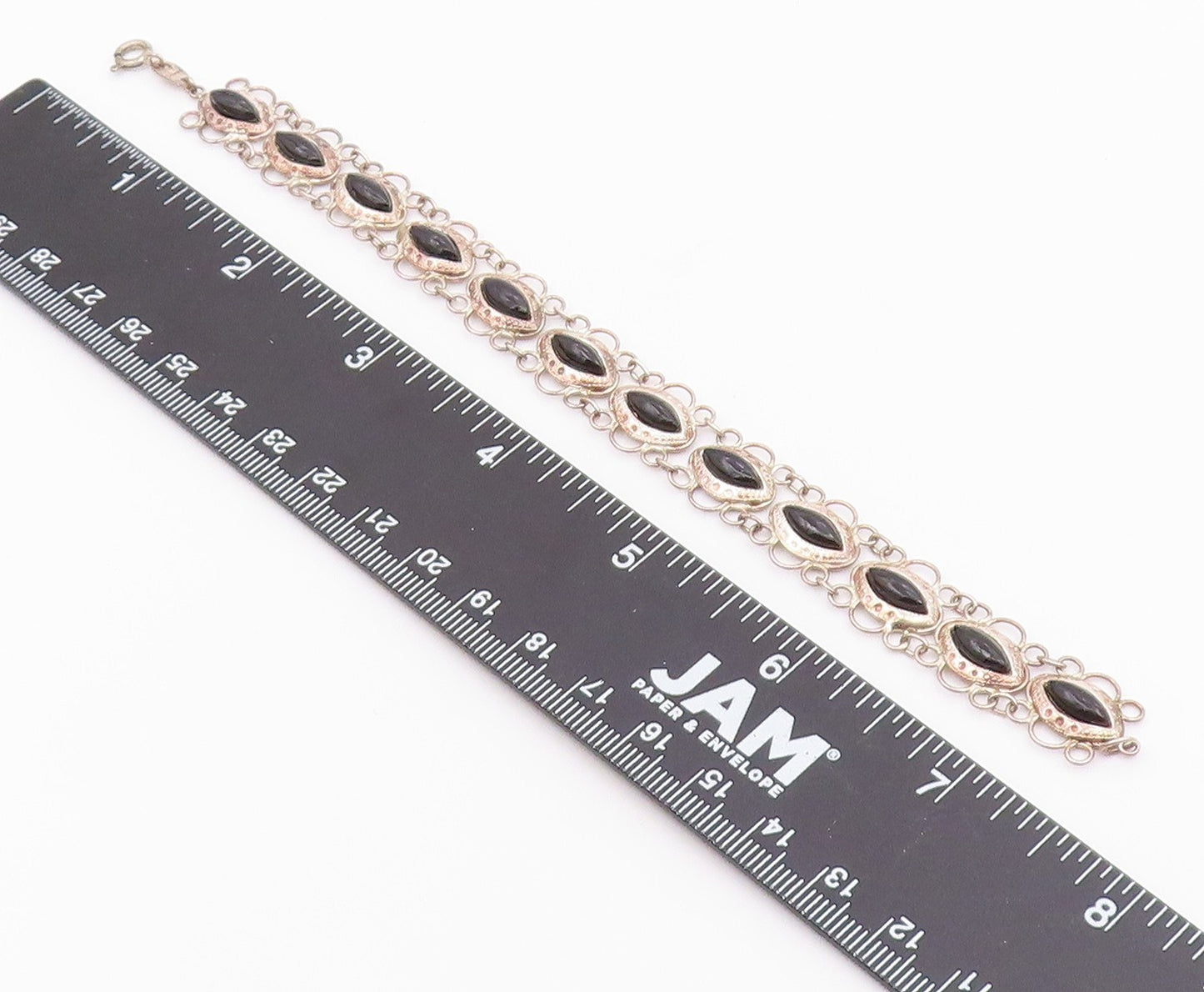 925 Silver  Vintage Open Circle Edge Marquise Black Onyx Chain Bracelet BT9559