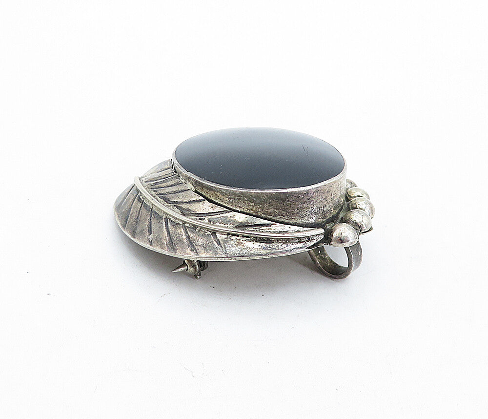 MEXICO 925 Sterling Silver  Vintage Black Onyx Floral Leaf Brooch Pin  BP1564