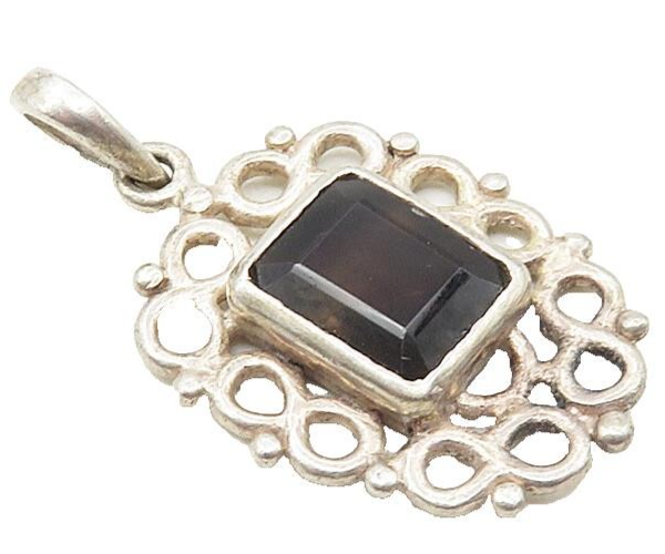 925 Sterling Silver  Vintage Smoky Topaz Infinity Border Drop Pendant  PT7106